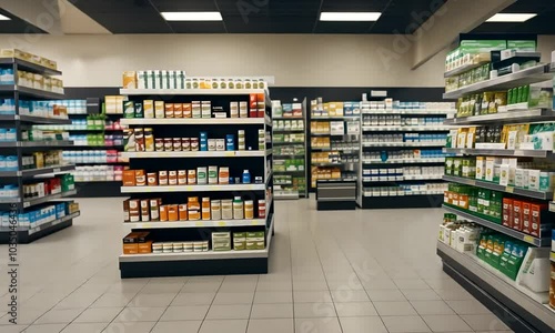 Wallpaper Mural A well-organized pharmacy interior with shelves stocked with various health products. Torontodigital.ca
