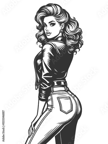 woman in a leather jacket and tight leather pants, leaning against a wall, sketch engraving generative ai fictional character vector illustration. Scratch board imitation. Black and white image.