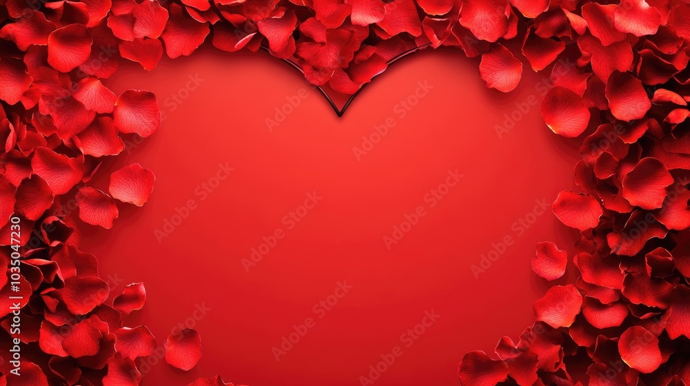 Romantic backdrop featuring a heart shaped frame made of rose petals set against a red surface Romantic backdrop featuring a heart shaped frame made of rose petals set against a red surface