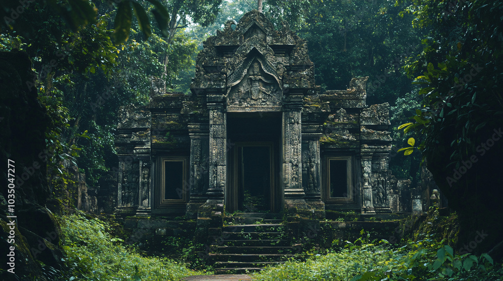 An ancient temple adorned with intricate carvings, surrounded by lush greenery and a serene atmosphere. An ancient temple adorned with intricate carvings, surrounded by lush greenery and a serene atmosphere.