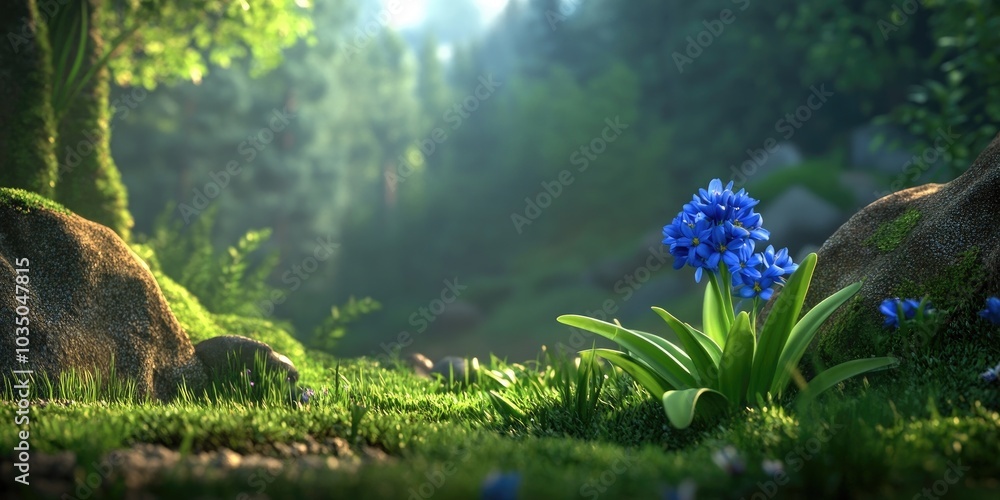 Obraz premium Flowering alpine squill and two-leaf squill in a natural setting, Alpine squill and two-leaf squill blooming in natural surroundings