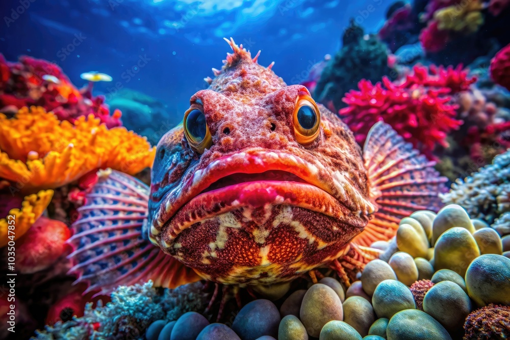 The underwater world unfolds as stonefish skillfully blend into the vibrant hues of coral reefs, showcasing nature's artistry in survival and protection. The underwater world unfolds as stonefish skillfully blend into the vibrant hues of coral reefs, showcasing nature's artistry in survival and protection.