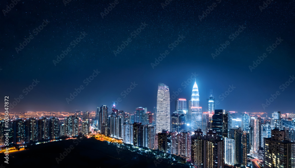 Fototapeta premium Majestic night skyline a distant view of a metropolitan cityscape illuminated