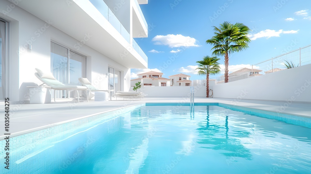 Modern Flat Design with Pool and Palm Trees Modern Flat Design with Pool and Palm Trees
