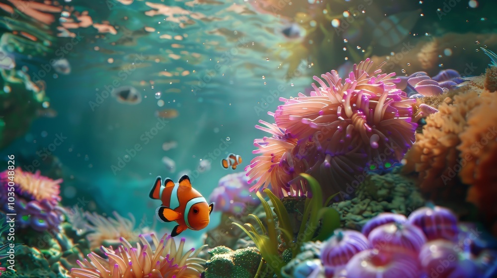 Obraz premium A peaceful aquarium scene with a variety of tropical fish, vibrant aquatic plants, and gentle water movement