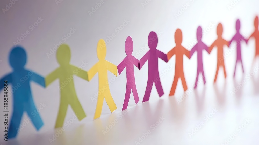 Colorful paper cutout figures holding hands in unity, shadows on light surface Colorful paper cutout figures holding hands in unity, shadows on light surface