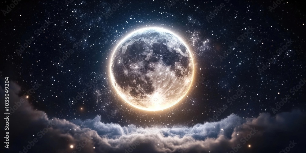 Luminous moon in a clear night sky, Glowing moon in a starry night sky Luminous moon in a clear night sky, Glowing moon in a starry night sky