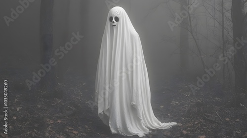 Mysterious Ghost Figure in Foggy Forest Setting