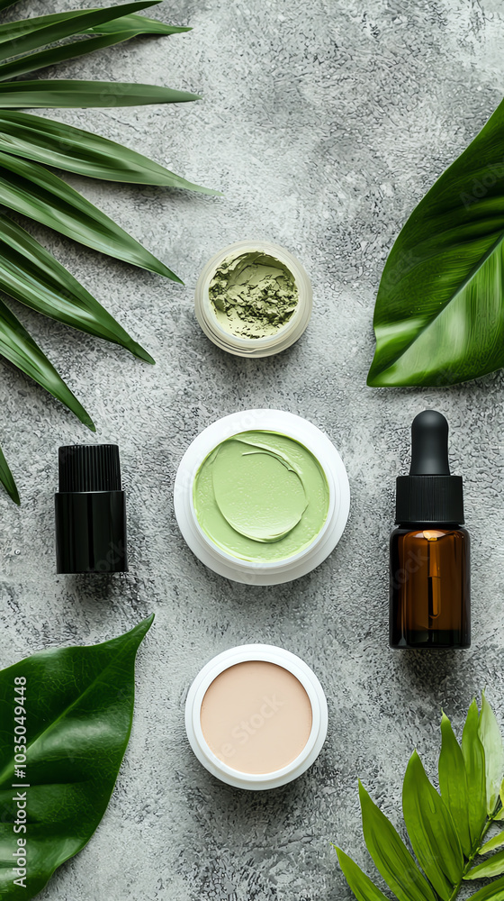 Skincare products with green leaves, flat lay Skincare products with green leaves, flat lay