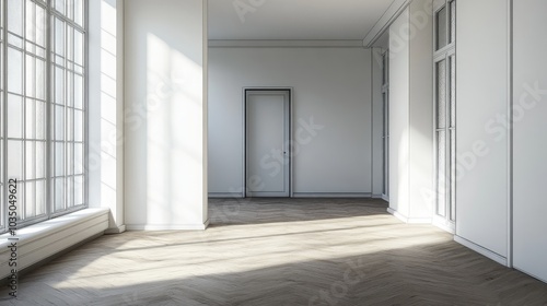 Wallpaper Mural 3D rendering of an empty interior space featuring white walls and wooden flooring with a door positioned in the corner Torontodigital.ca