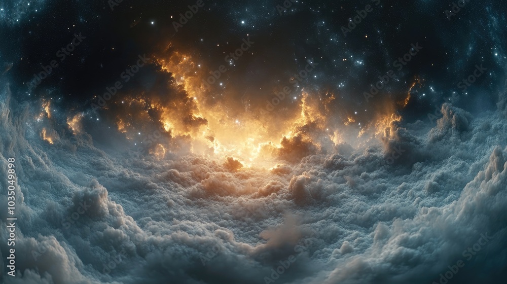 360 degree interstellar cloud of dust and gas in a 3D cartoon rendering ...