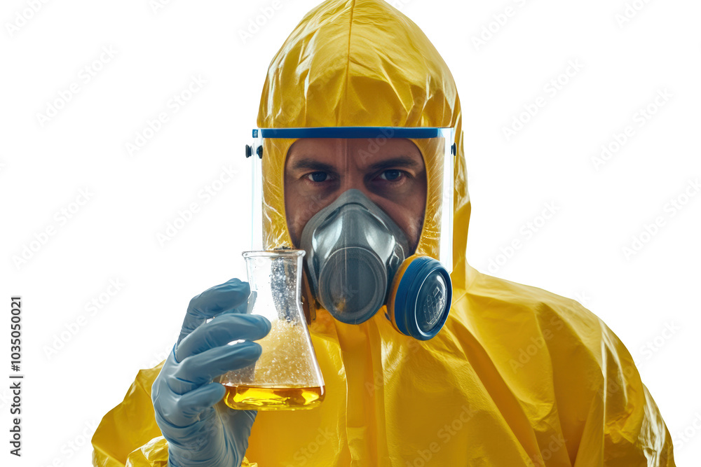 A male scientist wearing a full yellow hazmat suit with a clear face shield, holding a beaker filled with a glowing liquid. A male scientist wearing a full yellow hazmat suit with a clear face shield, holding a beaker filled with a glowing liquid.