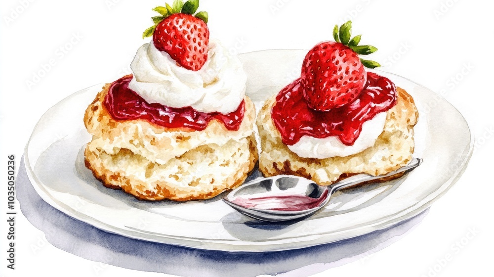 British Scone with Strawberry Jam and Clotted Cream Detailed Hand Drawn Watercolor Artwork British Scone with Strawberry Jam and Clotted Cream Detailed Hand Drawn Watercolor Artwork
