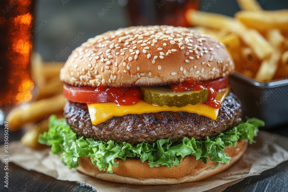 A hamburger with a pickle and ketchup on it is sitting on a bun with lettuce A hamburger with a pickle and ketchup on it is sitting on a bun with lettuce