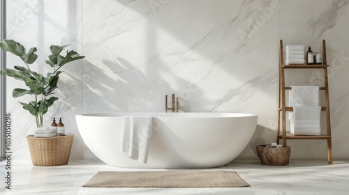 Bathroom interior with marble panels bathtub towels and accessories contemporary style design