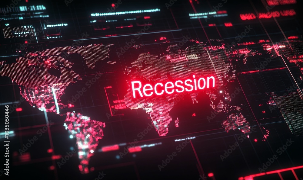 Red glowing world map showing recession. Red glowing world map showing recession.