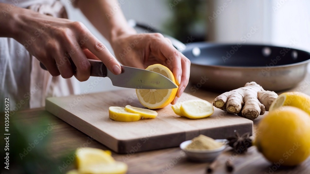 Woman's hands, lemon, ginger and pan on a wooden table close up Woman's hands, lemon, ginger and pan on a wooden table close up