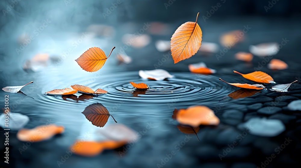 Serene Pond with Colorful Leaves Floating Above Water Serene Pond with Colorful Leaves Floating Above Water