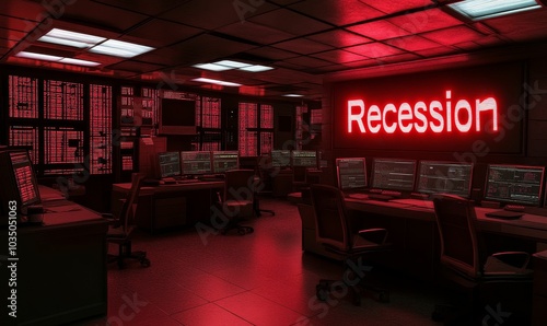 Red-lit office with "Recession" sign.