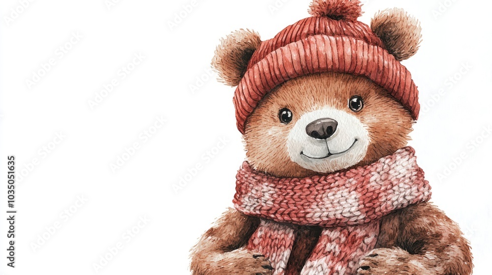 Crocheted bear in a hat and scarf isolated on a white background featuring watercolor elements suitable for wrapping paper and textile design Crocheted bear in a hat and scarf isolated on a white background featuring watercolor elements suitable for wrapping paper and textile design
