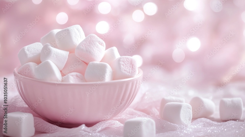 A bowl of marshmallows with pink background. There are many marshmallows in the bowl A bowl of marshmallows with pink background. There are many marshmallows in the bowl