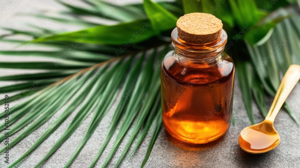 Glass bottle of golden palm oil with a spoon beside it, close-up shot Glass bottle of golden palm oil with a spoon beside it, close-up shot
