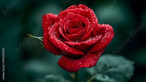 A red rose with dew drops on its petals, symbolizing love and romance.