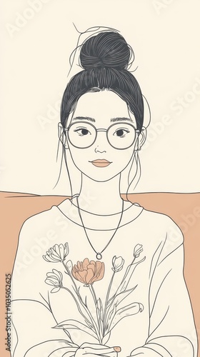 A stylish woman with glasses, holding a bouquet of flowers, exuding a calm and artistic vibe in a minimalistic setting.