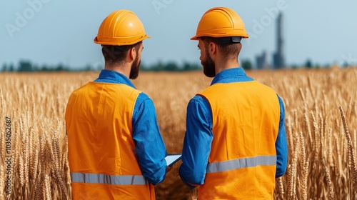 Two agricultural workers analyzing data in wheat field with safety gear amidst industrial background