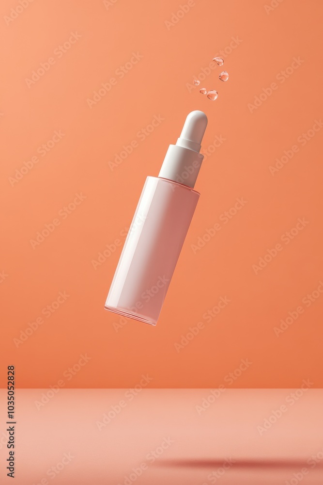 A bottle of perfume is floating in the air on a red background A bottle of perfume is floating in the air on a red background