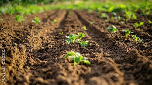 Fresh Green Seedlings Growing in a Plowed Field