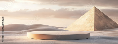 Cozy Minimalist 3D Circular Podium with Pyramid Backdrop in Desert Theme