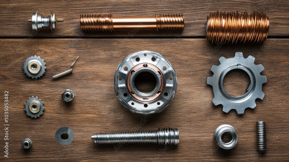 Collection of Metallic Parts on Wooden Surface Collection of Metallic Parts on Wooden Surface