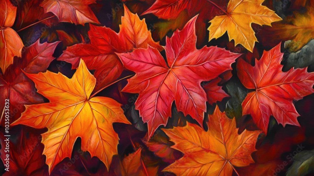 Oil painting featuring vibrant maple leaves during autumn showcasing beautiful fall foliage Oil painting featuring vibrant maple leaves during autumn showcasing beautiful fall foliage