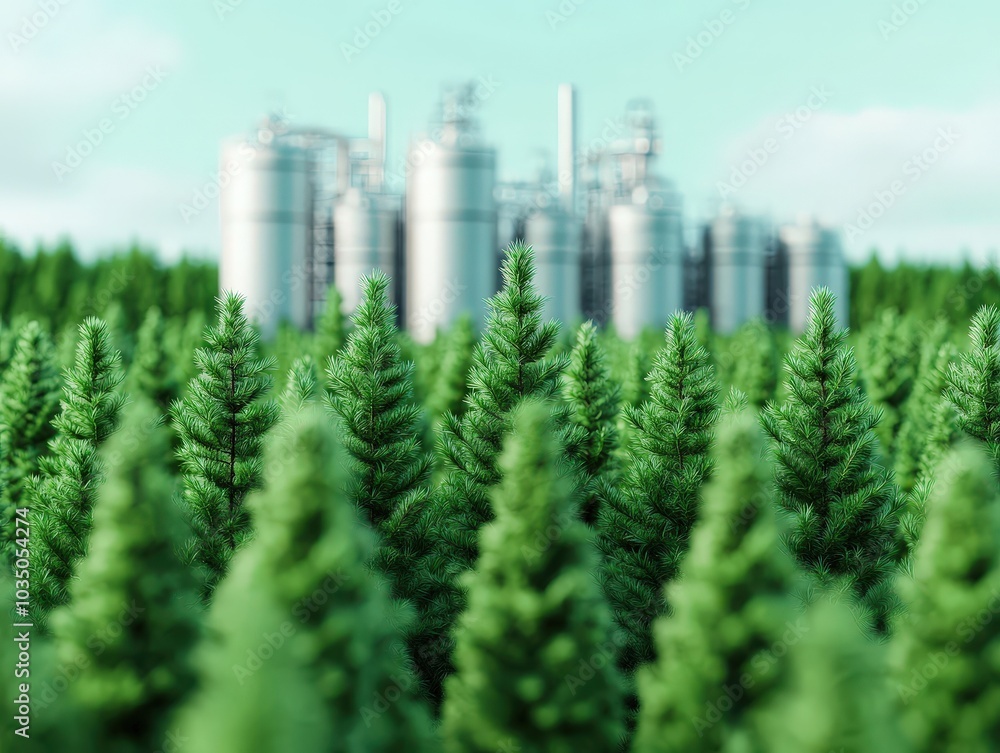 Obraz premium Lush green forest with industrial background a contrast of nature and technology in the modern landscape