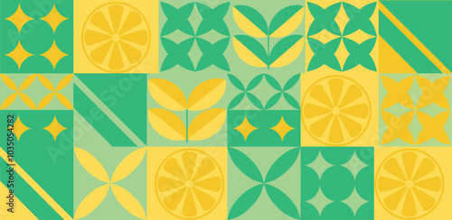 Lemon geometric background. Vector minimalist style pattern. Bauhaus trend. Abstract illustration of lemon, leaves, symbols. Simple icon.	
