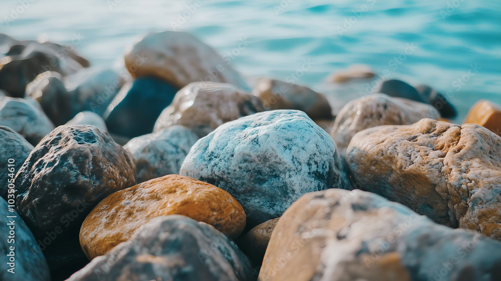 Pebbles on the seashore. Blue sea background. Pebbles on the seashore. Blue sea background.