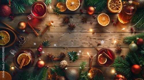 A cozy scene with a drink, placed on a festive table with a backdrop of Christmas ornaments and warm photo