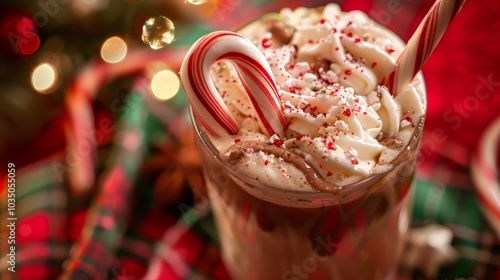 A cozy scene with a drink, placed on a festive table with a backdrop of Christmas ornaments and warm photo