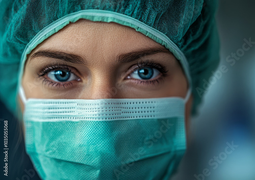 diverse female intern, nurse or doctor in green blue coat and mask is preparing for surgery in the operating room 