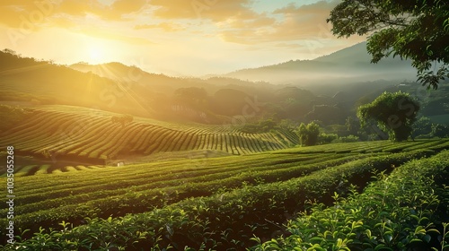 Serene tea landscape. Nature's harmony in sunlight and mist