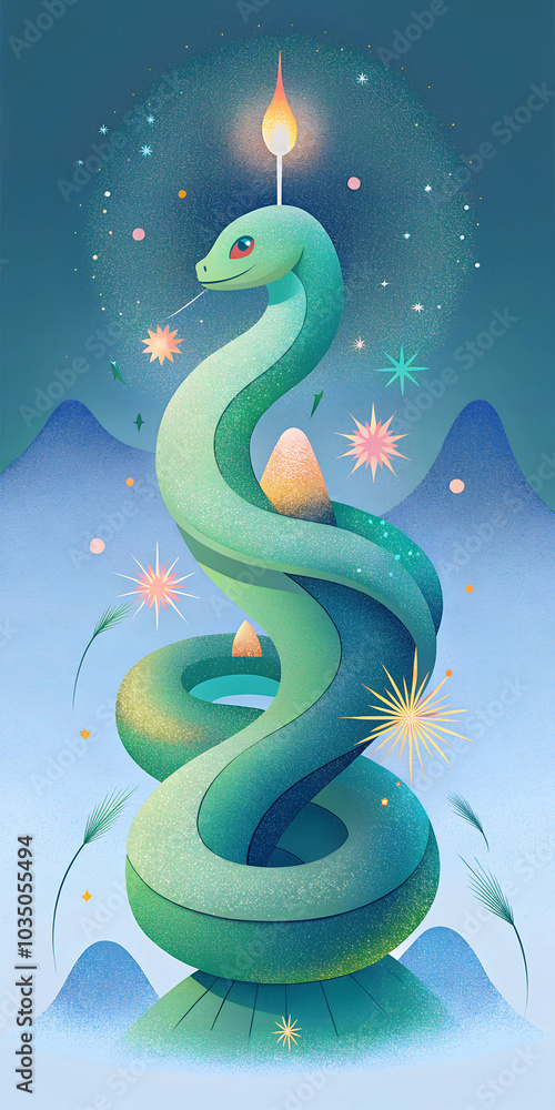 Fototapeta premium Mystical Serpent with Candlelight Glow in Surreal Landscape