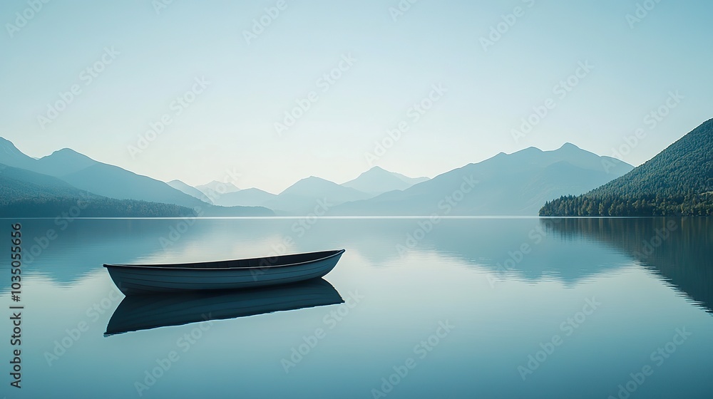A minimalist boat with clean lines and a sleek silhouette, gliding through a calm lake under a clear sky A minimalist boat with clean lines and a sleek silhouette, gliding through a calm lake under a clear sky