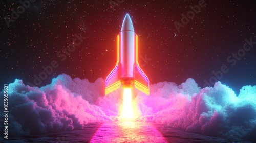 Neon Rocket Launch in Space