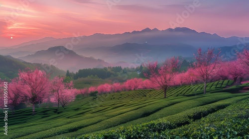 Serene tea landscape. Nature's harmony in sunlight and mist photo