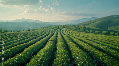 Serene tea landscape. Nature's harmony in sunlight and mist