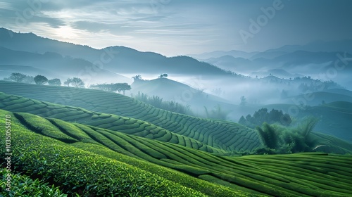 Serene tea landscape. Nature's harmony in sunlight and mist photo