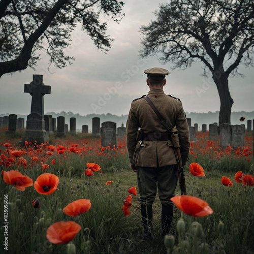 Soldier in vintage uniform standing in a cemetery among gravestones and red poppies, honoring fallen comrades