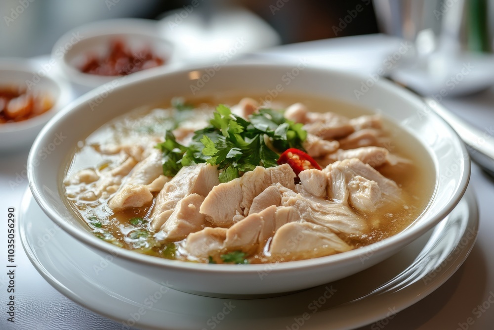 A bowl of soup with chicken and green herbs A bowl of soup with chicken and green herbs