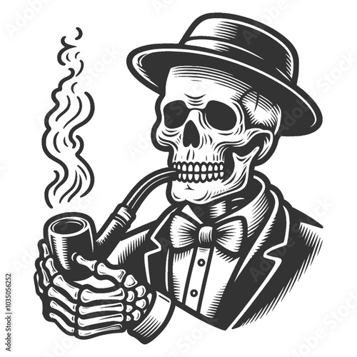 skeleton dressed in suit and bow tie, smoking a pipe, combining vintage elegance with a macabre twist sketch engraving generative ai vector illustration. Scratch board imitation. Black and white image